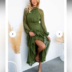 Petal & Pup Green Ruffled Mock Neck Gown